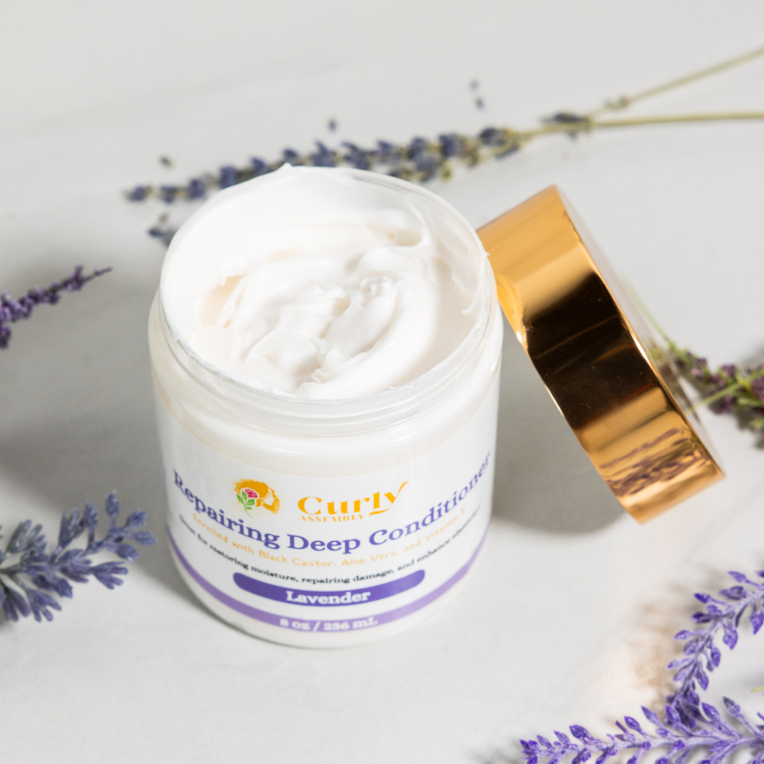 Repairing Deep Conditioner Lavender Bliss - Close-up of the creamy texture of deep conditioner for curly hair