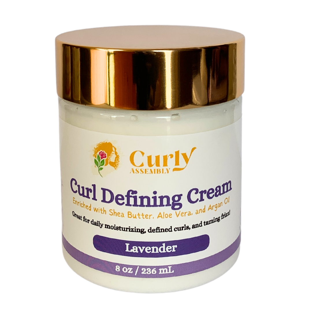 Front-facing jar of Curly Assembly Lavender Bliss Curl Defining Cream for soft, defined, and frizz-free curls.