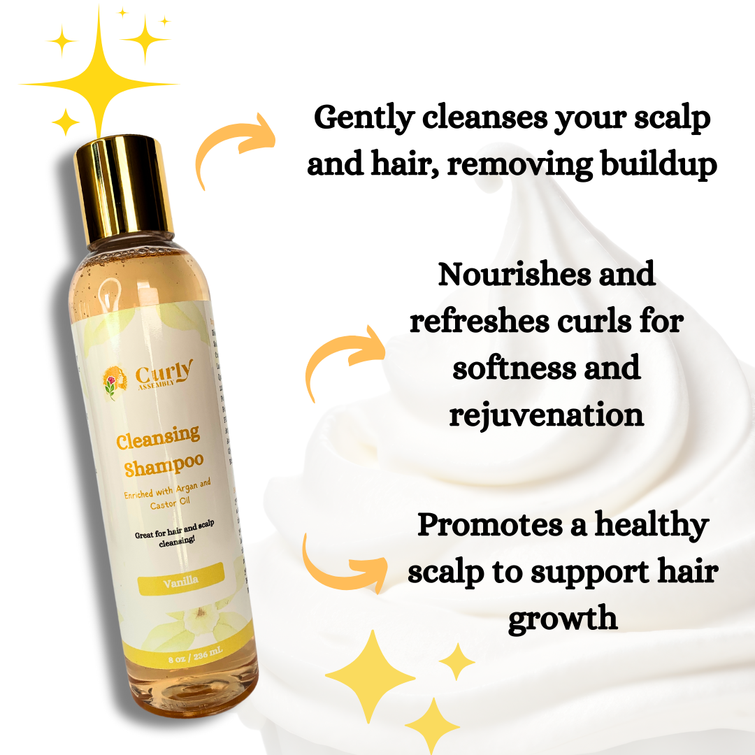 Benefits of Curly Assembly Sweet Vanilla Shampoo, promoting hydration, effective cleansing, and preparation for styling.