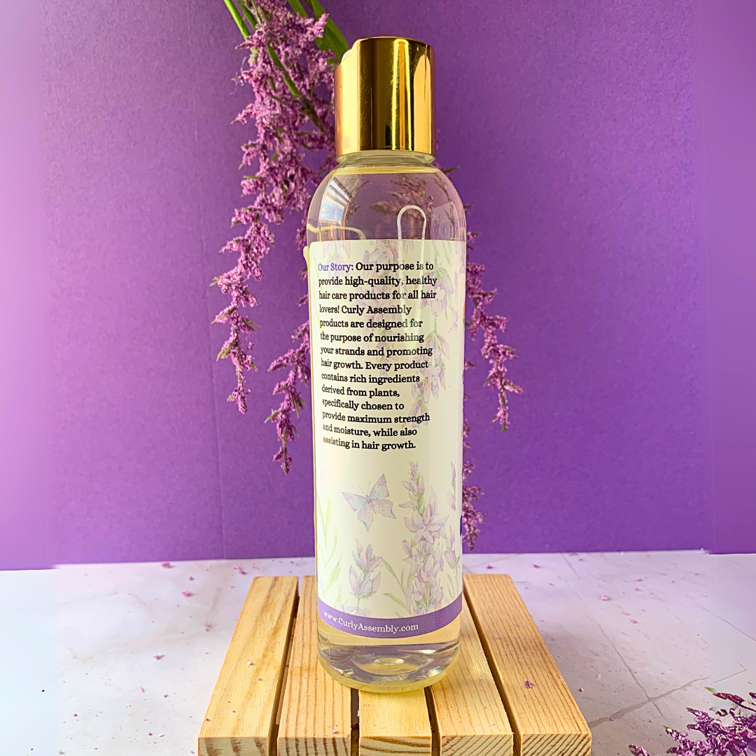 Side view of Curly Assembly Lavender Bliss Shampoo showcasing its gentle formula enriched with natural ingredients for curly hair.