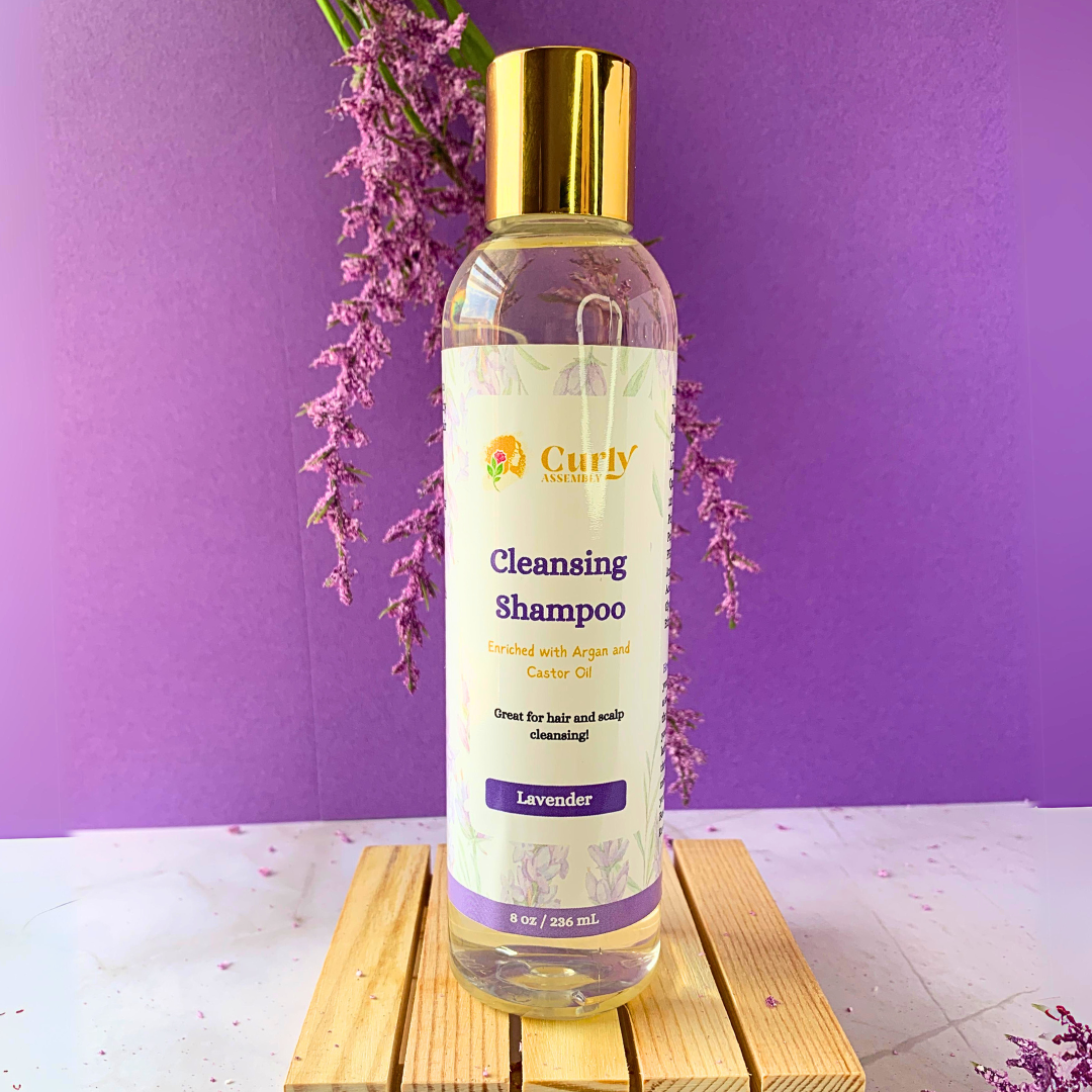 Front-facing bottle of Curly Assembly Lavender Bliss Shampoo, designed to cleanse and hydrate natural curls without stripping moisture.