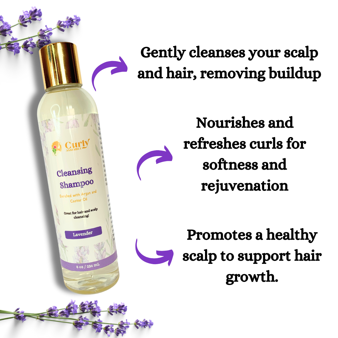 Benefits of Curly Assembly Lavender Bliss Shampoo, including moisture retention, scalp cleansing, and preparation for styling.