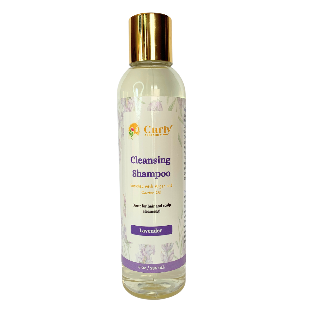 Front-facing bottle of Curly Assembly Lavender Bliss Shampoo, designed to cleanse and hydrate natural curls without stripping moisture.