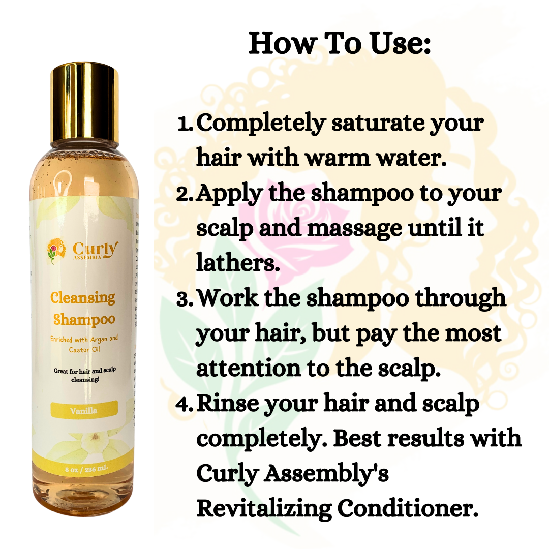 Instructions for using Curly Assembly Sweet Vanilla Shampoo to cleanse and nourish curls for healthy, vibrant hair.