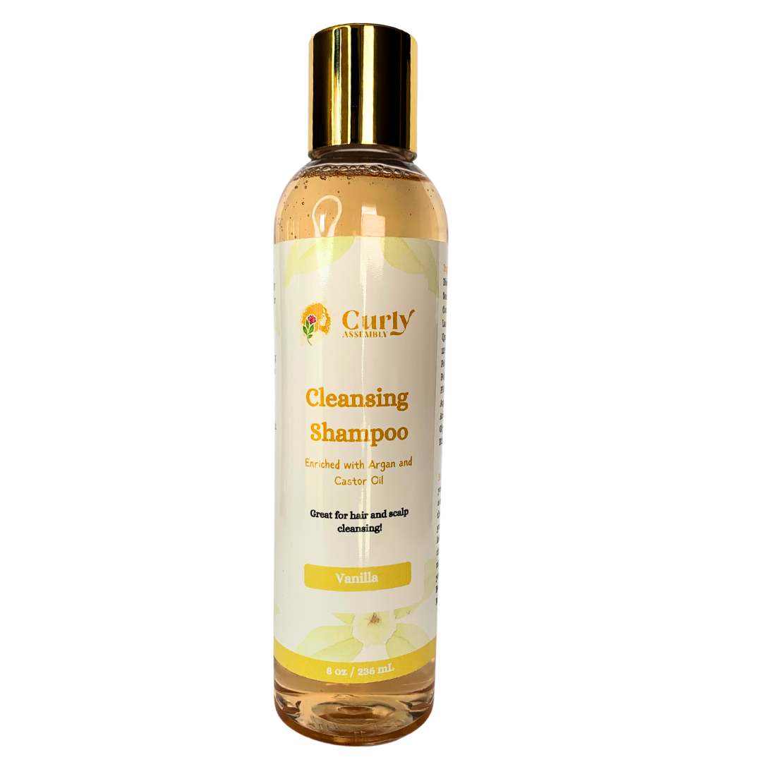 Front-facing bottle of Curly Assembly Sweet Vanilla Shampoo, formulated to gently cleanse while maintaining moisture in natural curls.
