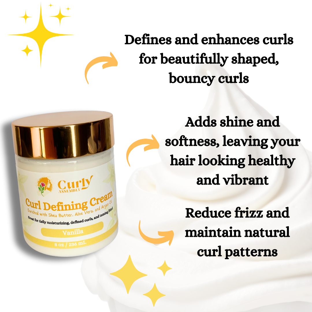 Benefits of Curly Assembly Sweet Vanilla Curl Defining Cream, delivering curl definition, moisture, and frizz reduction.