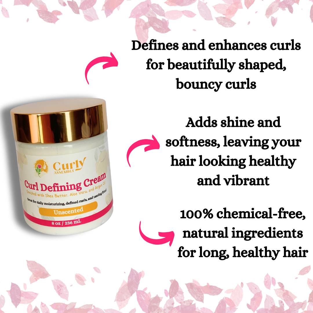 Benefits list for Curly Assembly Unscented Curl Defining Cream, highlighting curl enhancement, moisture, shine, and frizz control without added fragrance, suitable for all curly hair types.