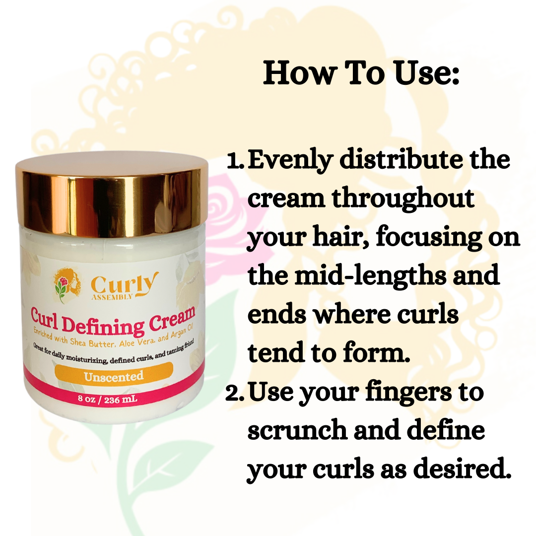 Instruction photo demonstrating how to apply Curly Assembly Unscented Curl Defining Cream, with steps for emulsifying and scrunching to define curls with a Denman brush and diffuser.