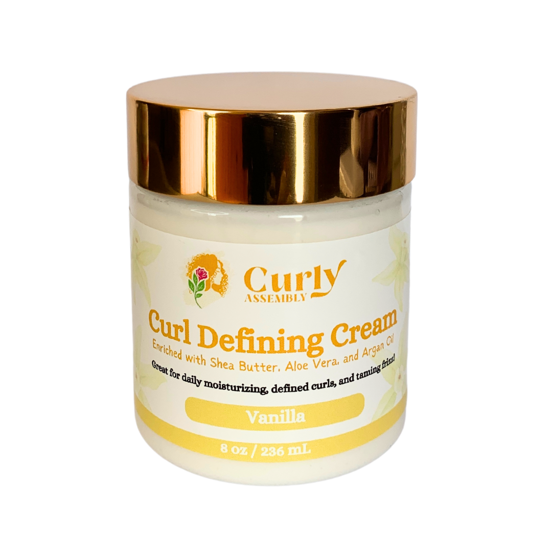 Curly Assembly Sweet Vanilla Curl Defining Cream jar displayed on a clean white background, showcasing the sleek packaging and focus on curl definition and moisture

