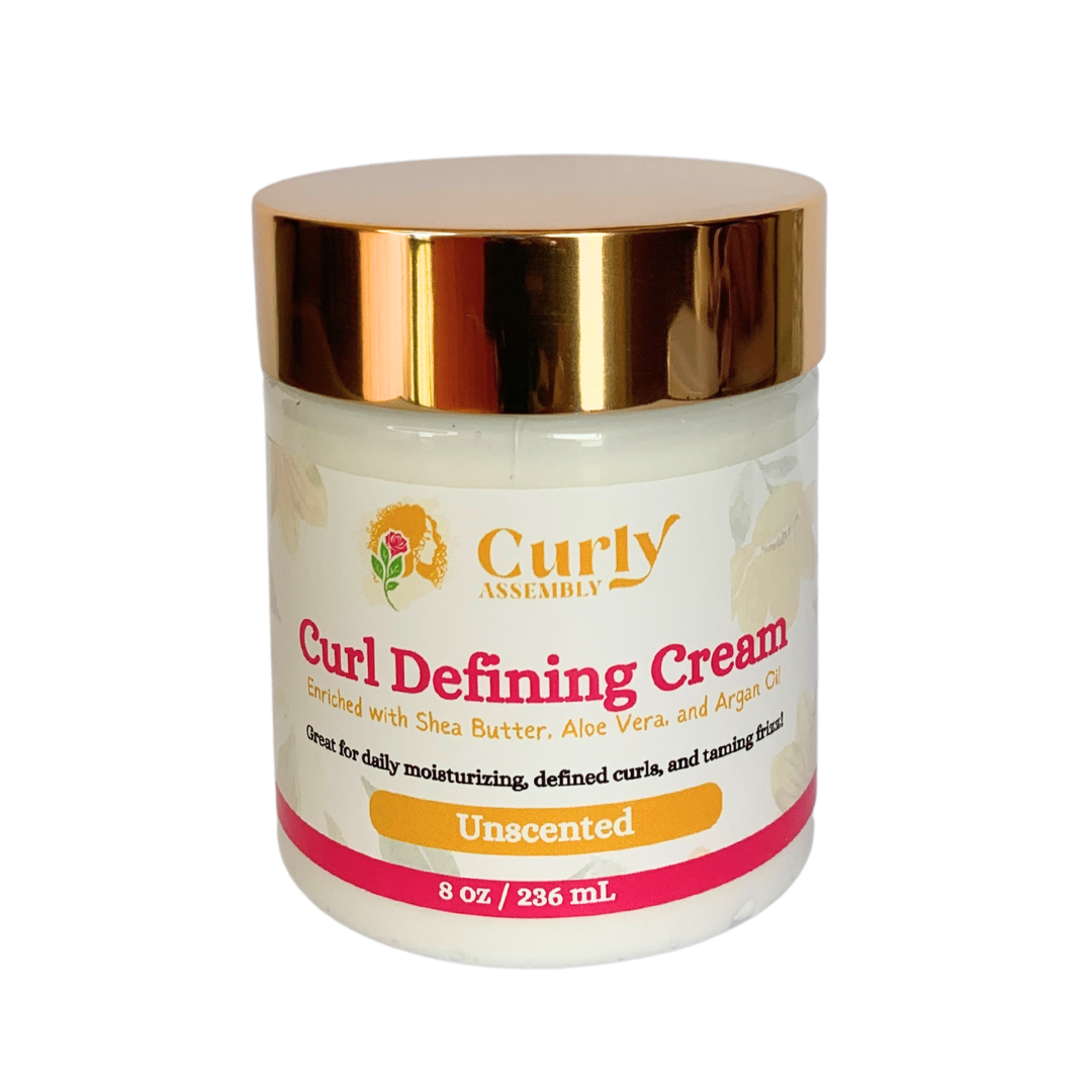 Curly Assembly Unscented Curl Defining Cream jar on a clean white background, showcasing the sleek, fragrance-free option for sensitive scalps and curls.