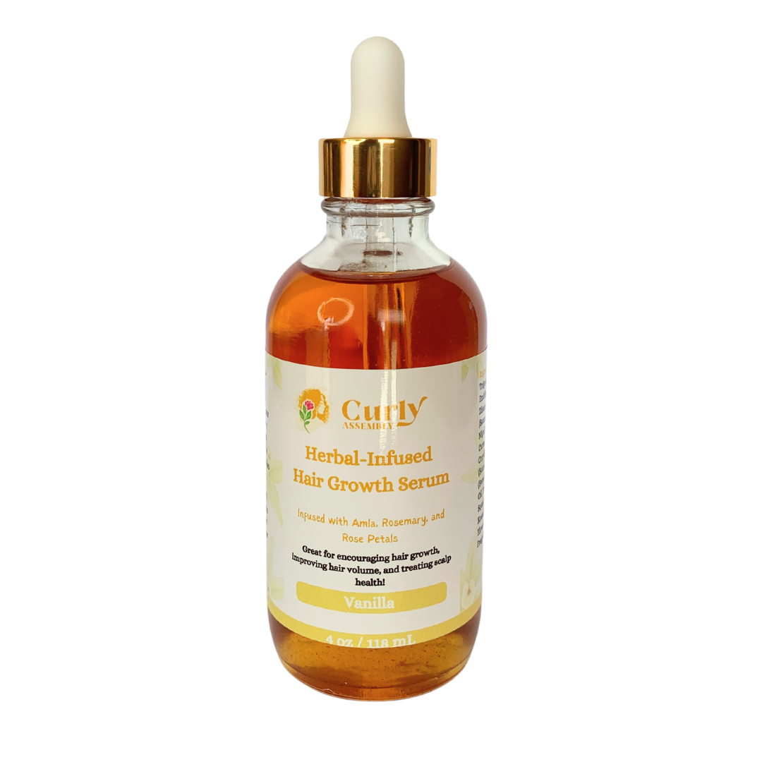 Curly Assembly Sweet Vanilla Herbal-Infused Hair Growth Serum bottle on a clean white background, highlighting its sleek packaging and nourishing formula that supports natural hair growth, strengthens roots, and adds moisture with a sweet vanilla fragrance.