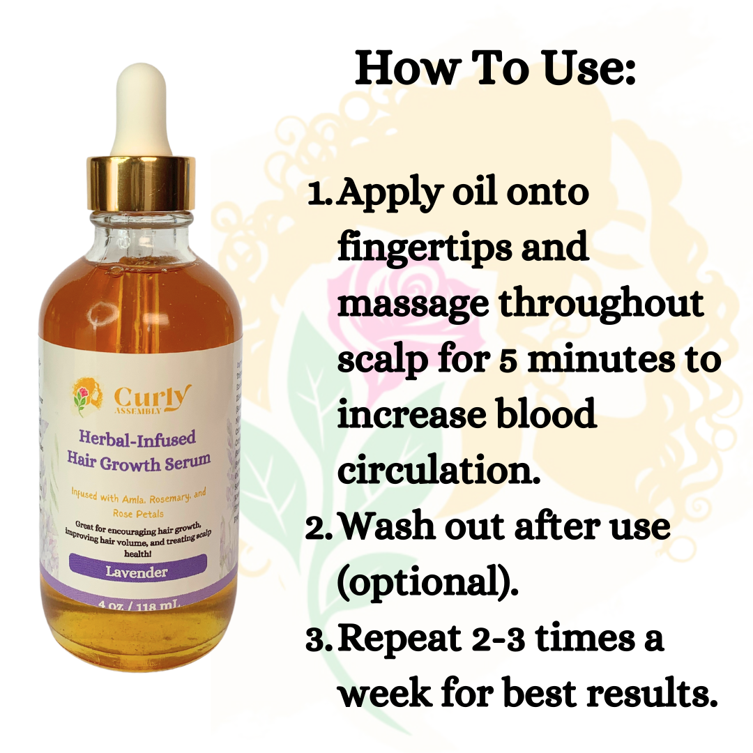 Instructions for applying Curly Assembly Lavender Bliss Herbal-Infused Hair Growth Serum for optimal scalp health and hair growth.