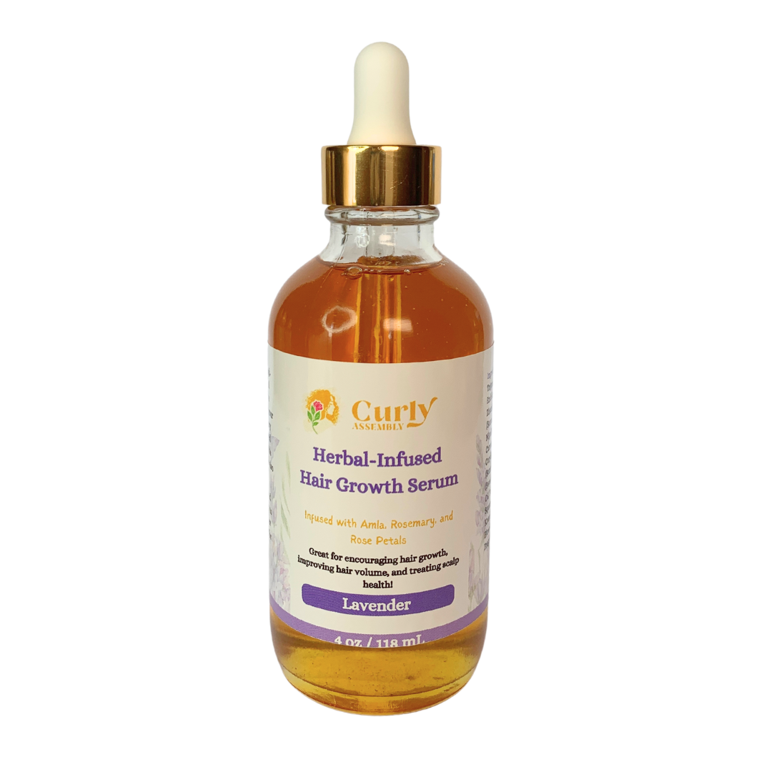 Front-facing bottle of Curly Assembly Lavender Bliss Herbal-Infused Hair Growth Serum, designed to promote hair growth and thickness.