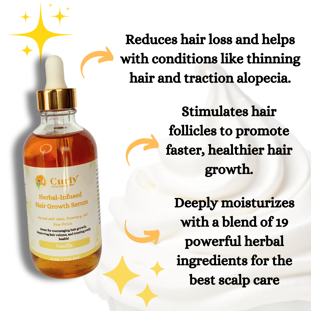 Benefits of Curly Assembly Sweet Vanilla Herbal-Infused Hair Growth Serum, nourishing the scalp and promoting healthy hair growth.