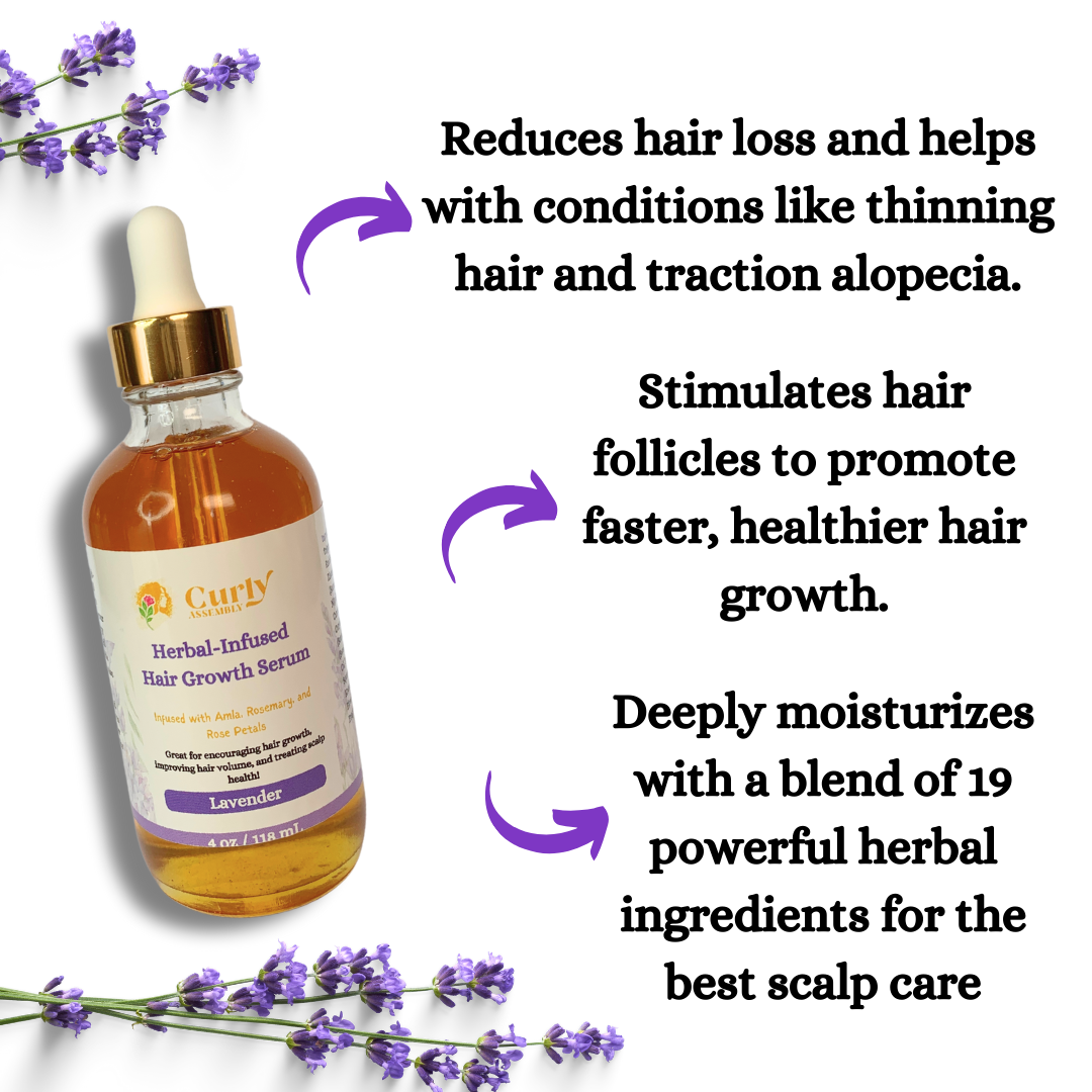 Benefits of Curly Assembly Lavender Bliss Herbal-Infused Hair Growth Serum, including scalp nourishment, improved thickness, and reduced breakage.