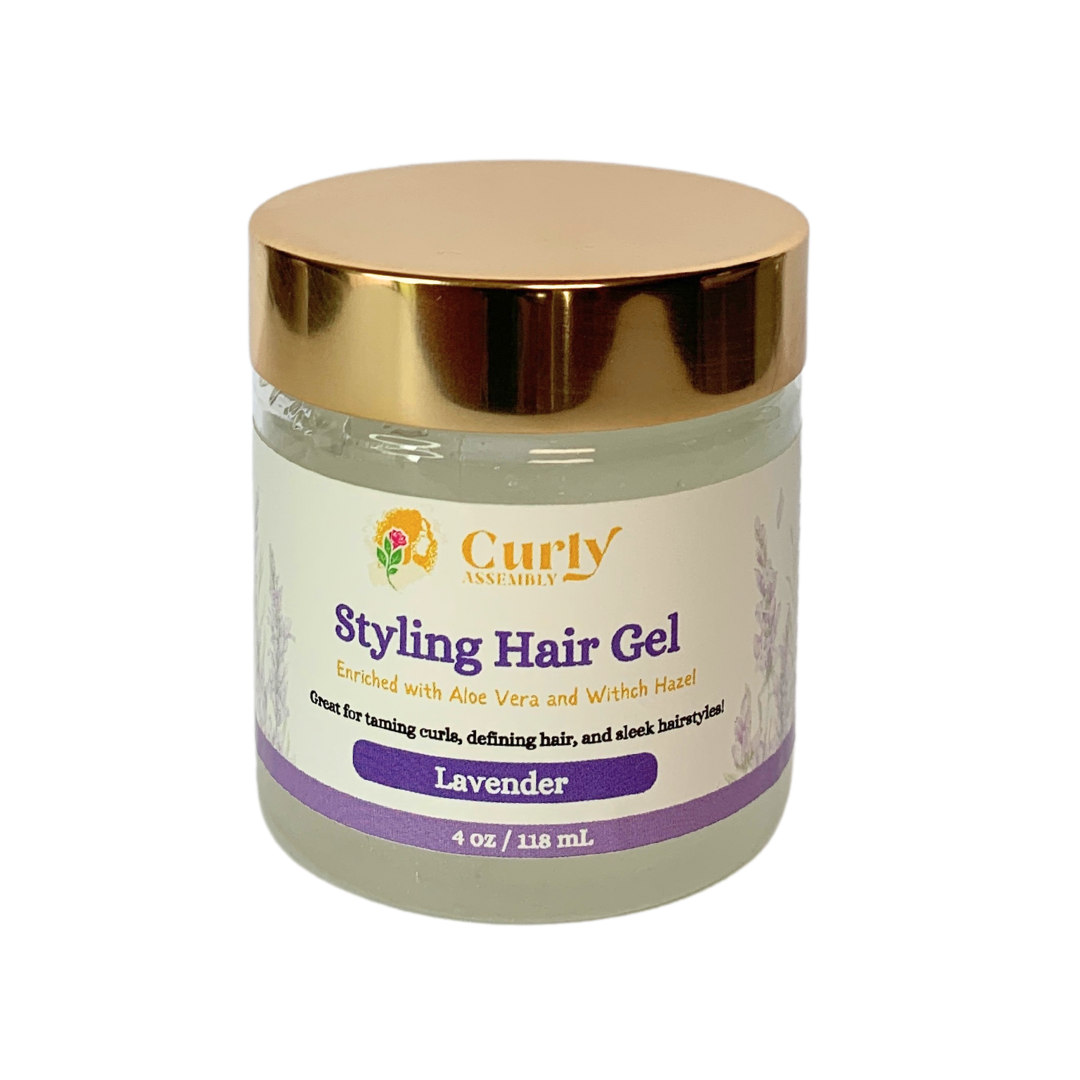 Front-facing jar of Curly Assembly Lavender Bliss Styling Hair Gel for strong hold and frizz control while enhancing natural curls.