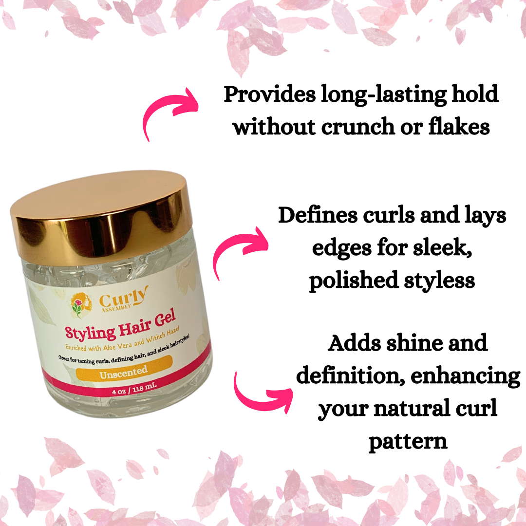 Benefits list for Curly Assembly Unscented Hair Styling Gel, highlighting strong hold, curl definition, frizz control, and moisture retention without fragrance, suitable for all curly hair types.