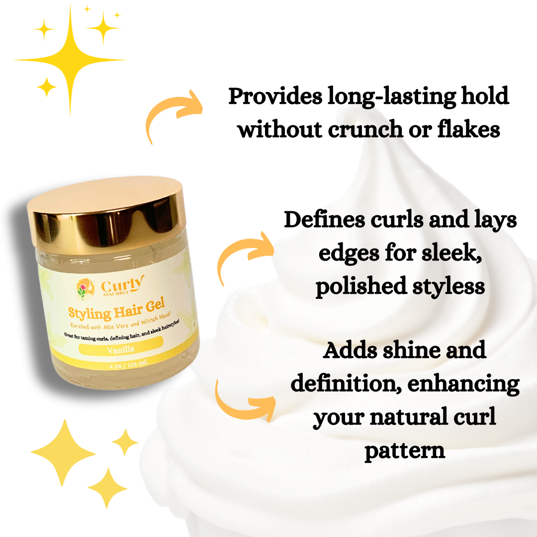 Benefits of Curly Assembly Sweet Vanilla Styling Hair Gel, promoting curl definition, hold, and frizz control for natural hairstyles.