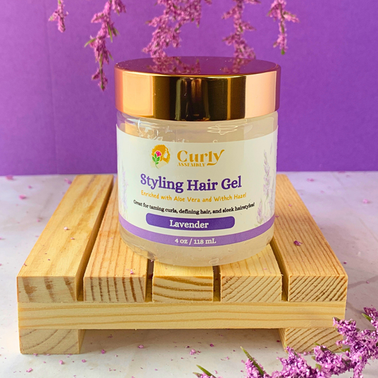 Front-facing jar of Curly Assembly Lavender Bliss Styling Hair Gel for strong hold and frizz control while enhancing natural curls.