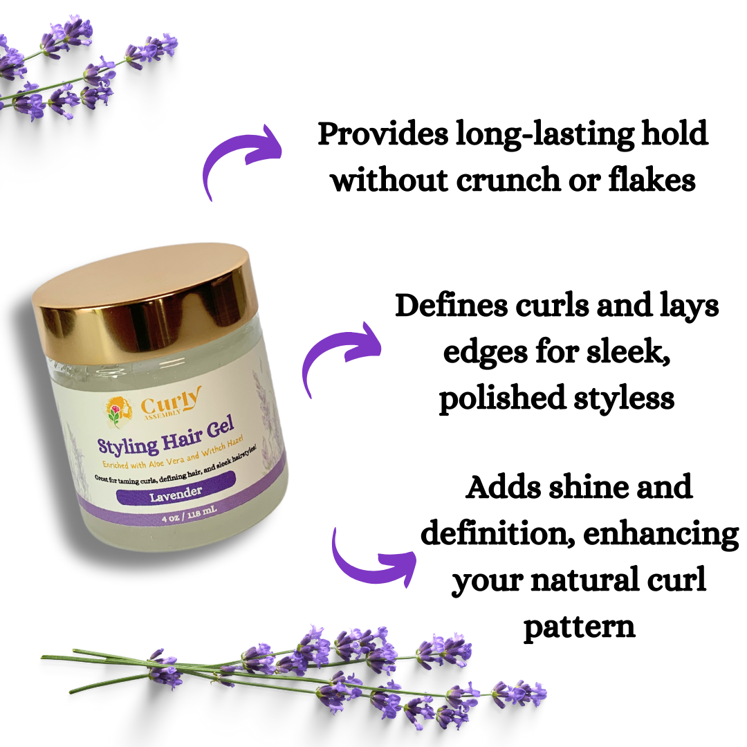 Benefits of Curly Assembly Lavender Bliss Styling Hair Gel, providing long-lasting hold, curl definition, and moisture retention.