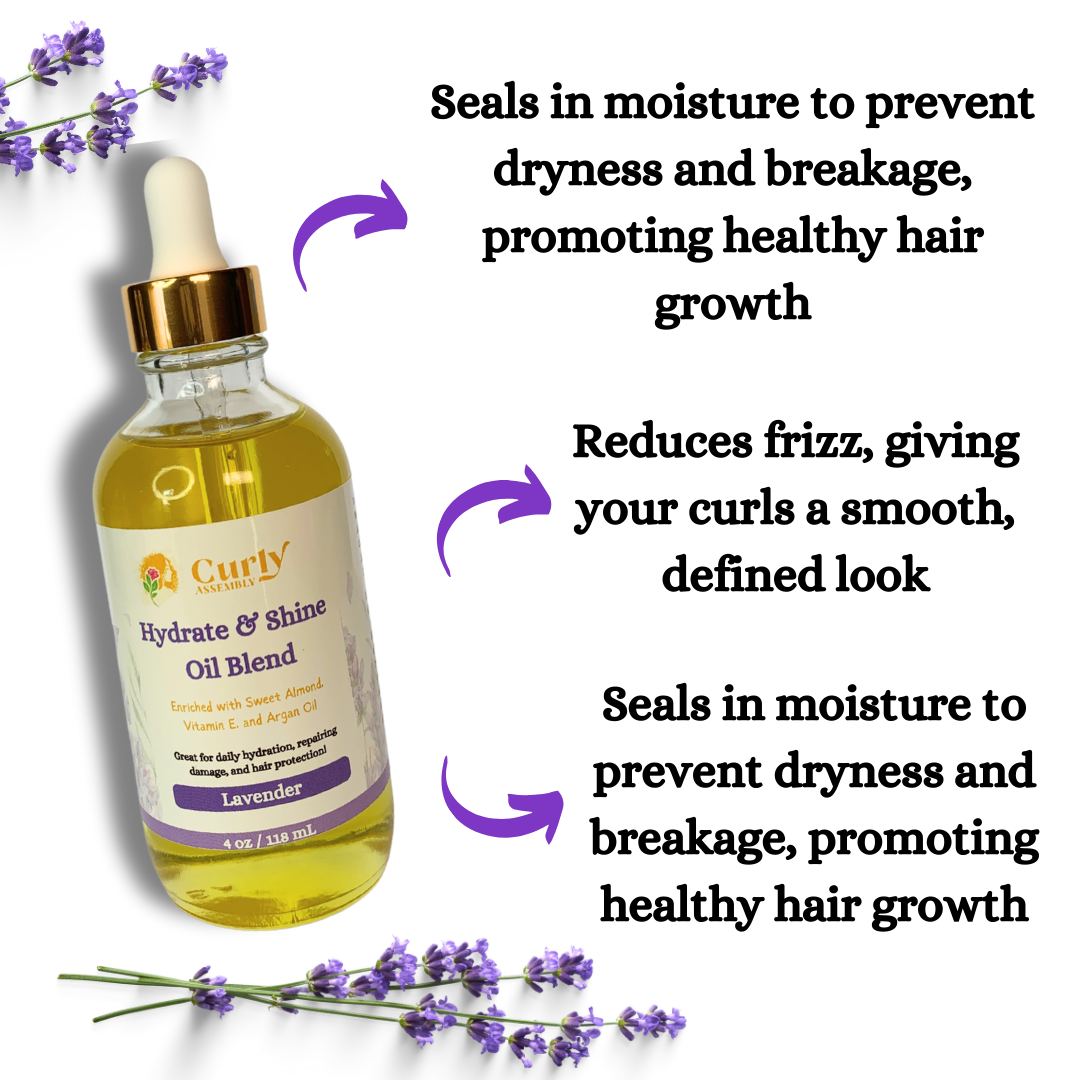 Benefits of Curly Assembly Lavender Bliss Hydrate & Shine Oil Blend, delivering moisture, shine, and softness for healthy hair.