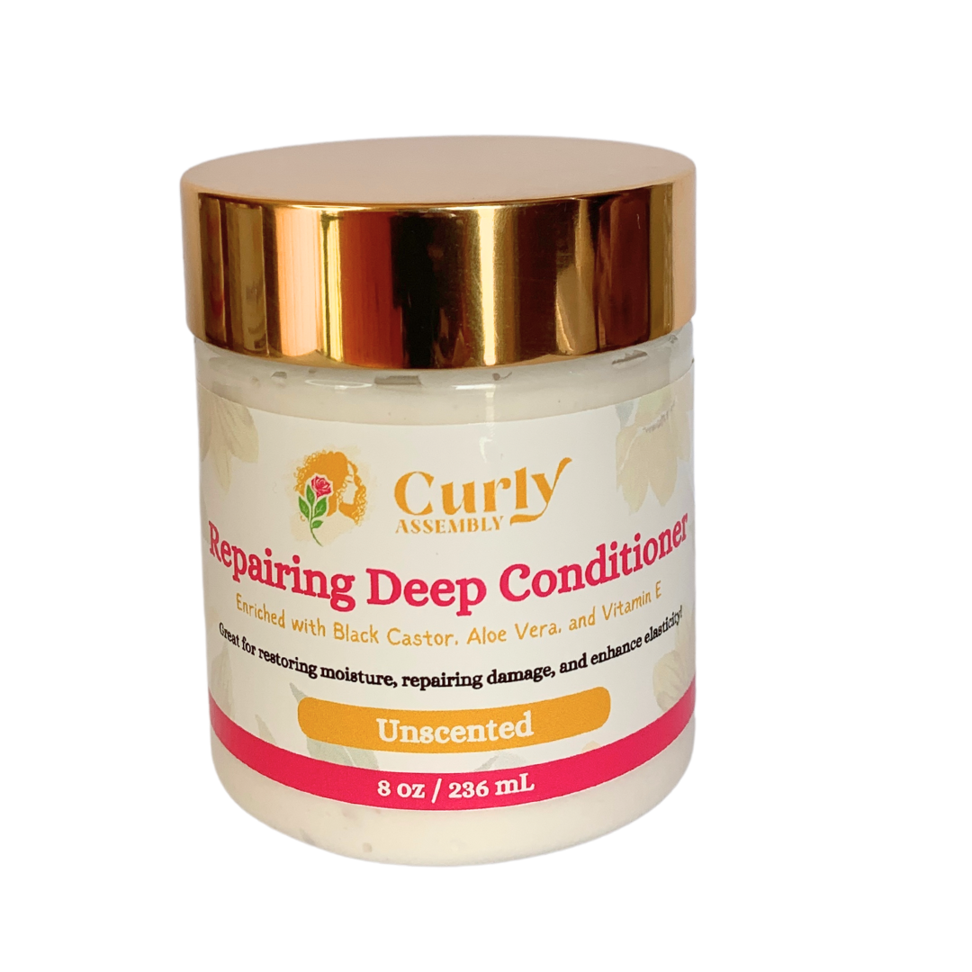 Curly Assembly Unscented Repairing Deep Conditioner jar on a white background, highlighting its powerful, fragrance-free formula designed to repair and restore damaged curly hair while providing deep moisture and strength.