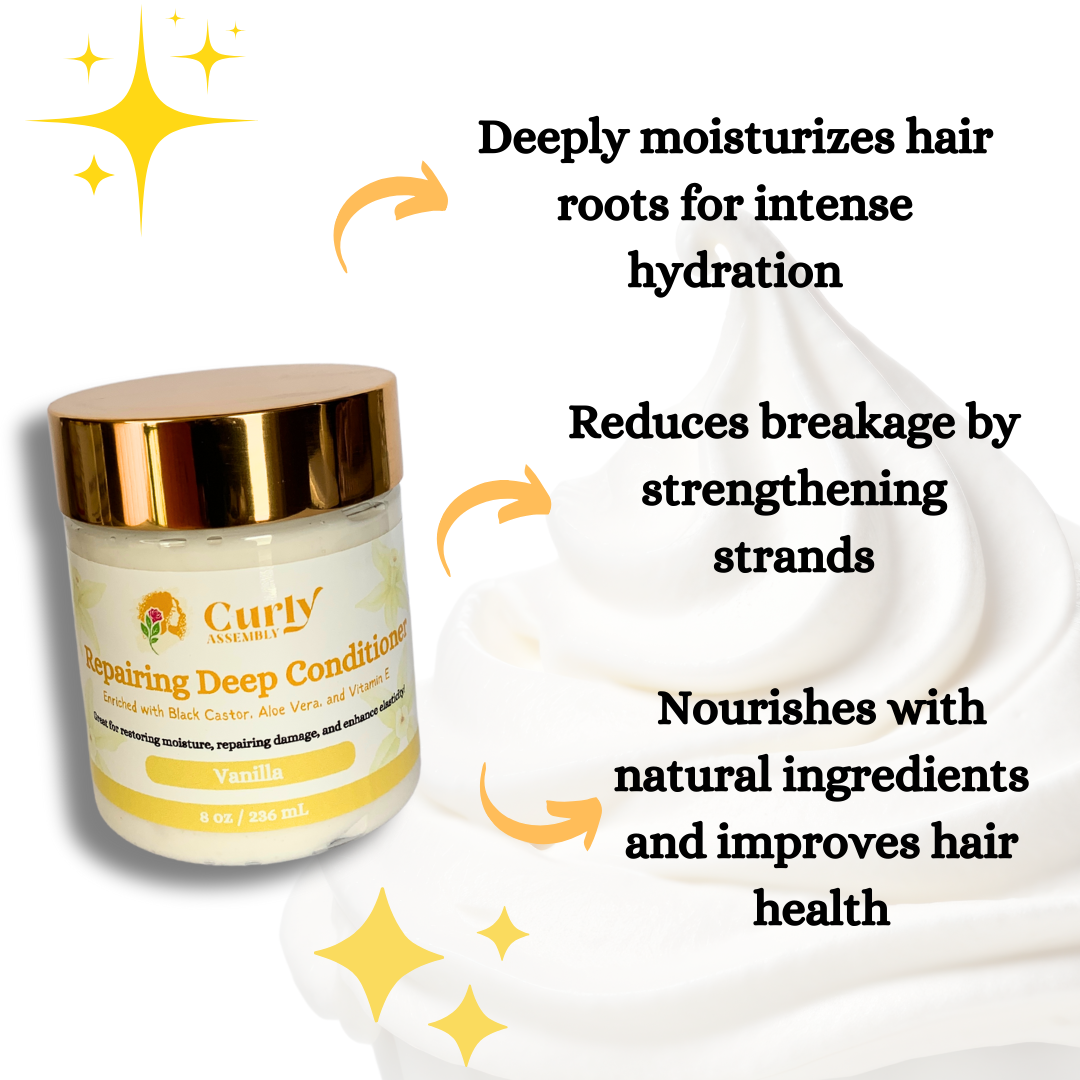 Benefits of Curly Assembly Sweet Vanilla Deep Conditioner, offering deep hydration, repair, and manageability for curls.