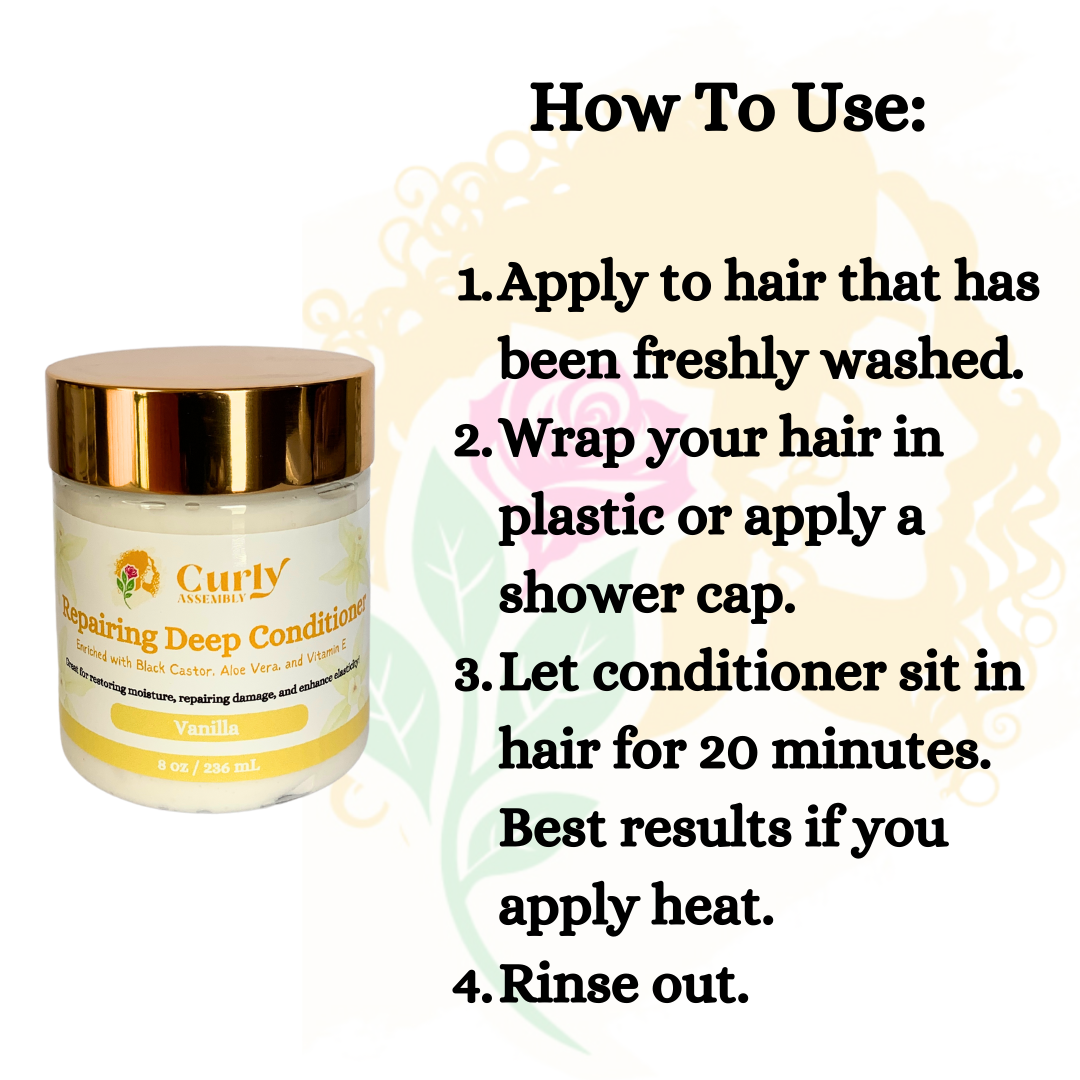 Instruction photo detailing how to apply Curly Assembly Sweet Vanilla Repairing Deep Conditioner after washing hair, with directions to cover hair with a cap and leave it on for 20 minutes, applying heat for best results, and then rinsing thoroughly for softer, healthier hair.