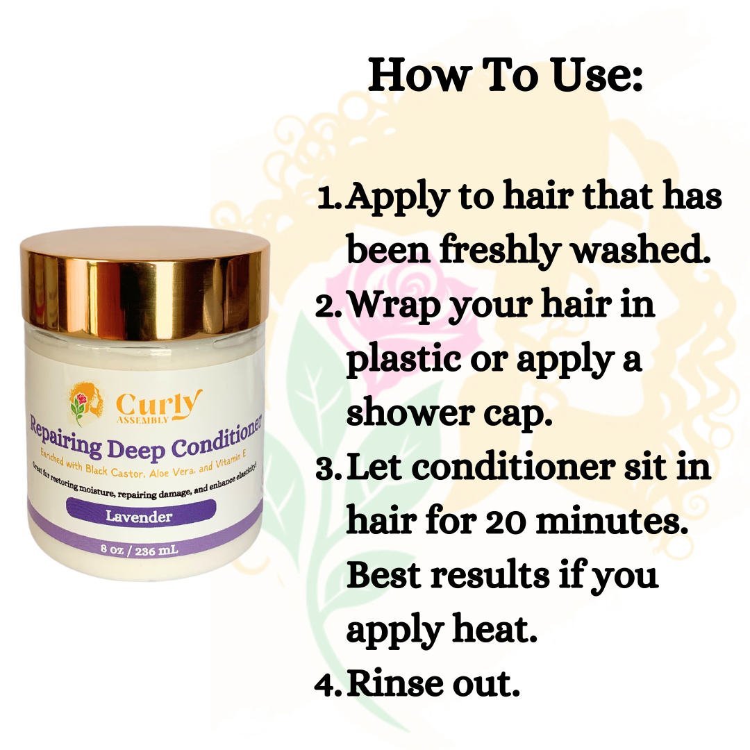 Instructions for using Curly Assembly Lavender Bliss Deep Conditioner to achieve deeply nourished and hydrated curls.