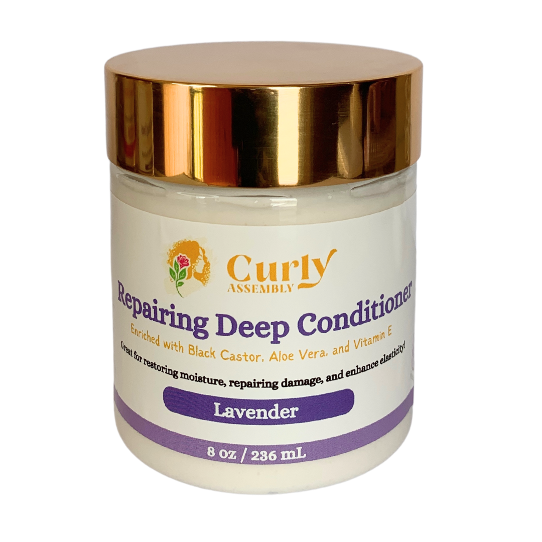 Front-facing jar of Curly Assembly Lavender Bliss Deep Conditioner for intense moisture and repair for dry, curly hair.