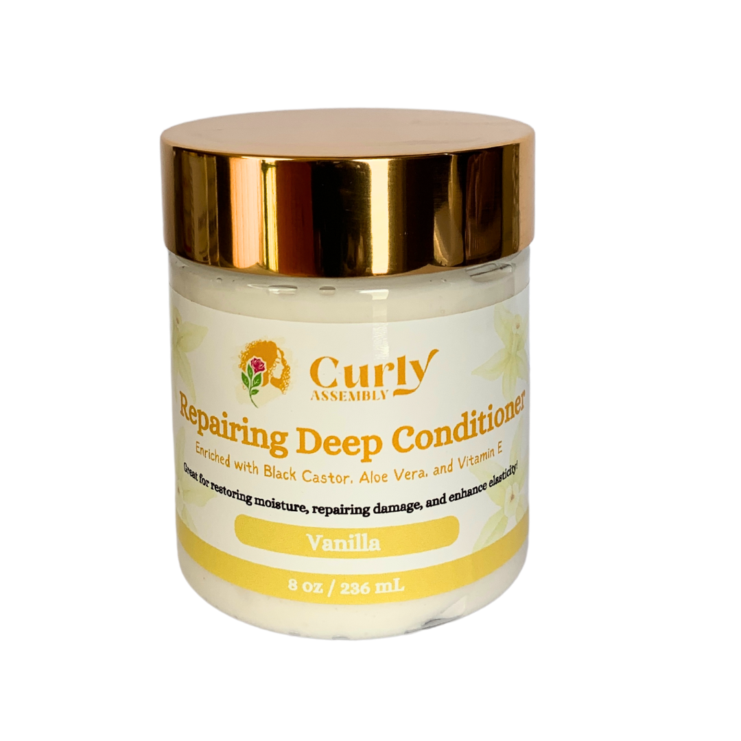 Curly Assembly Sweet Vanilla Repairing Deep Conditioner jar on a clean white background, emphasizing its nutrient-packed formula designed to repair damaged hair, strengthen strands, and provide deep moisture with a soothing vanilla scent.