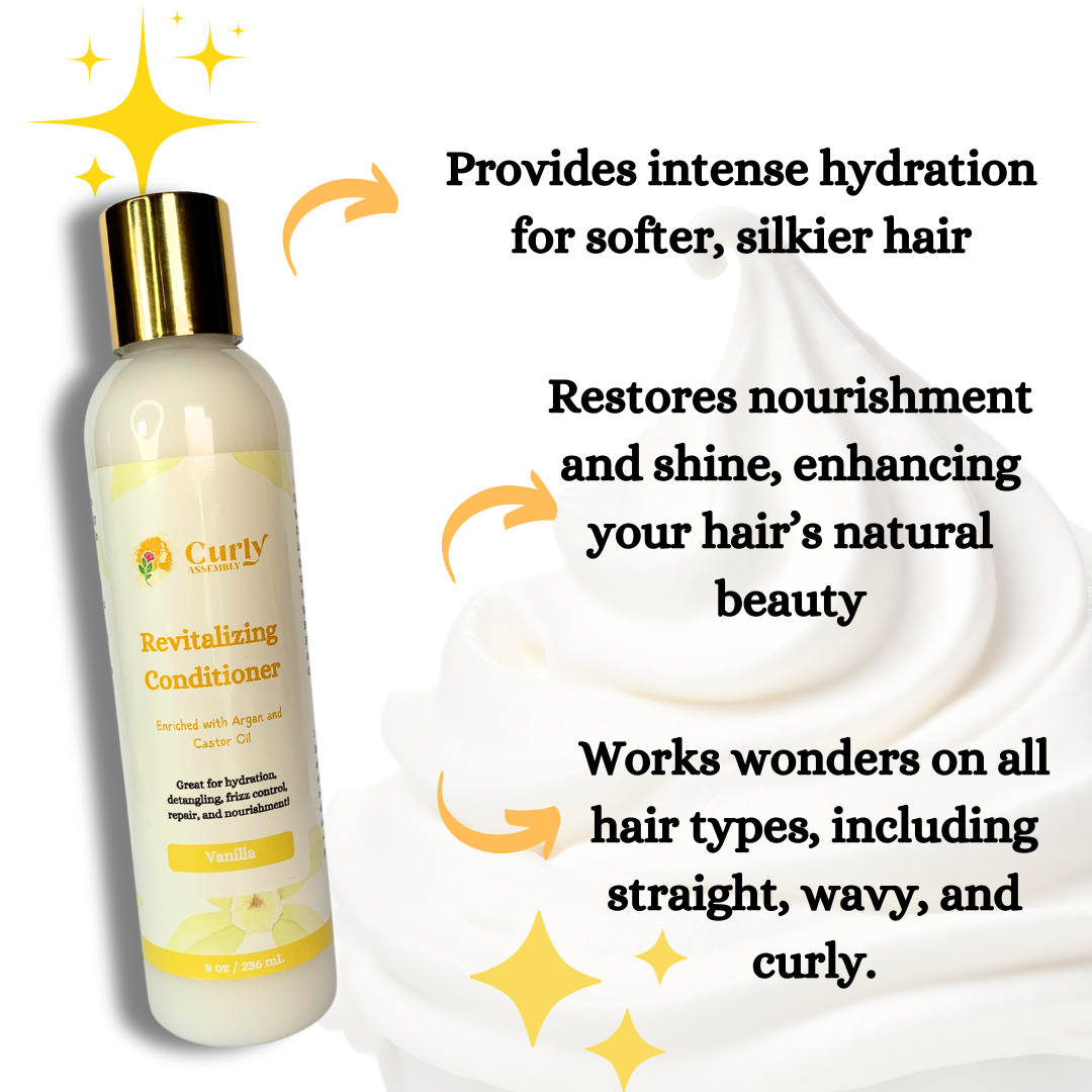 Benefits of Curly Assembly Sweet Vanilla Conditioner, promoting hydration, softness, and manageability for curls.