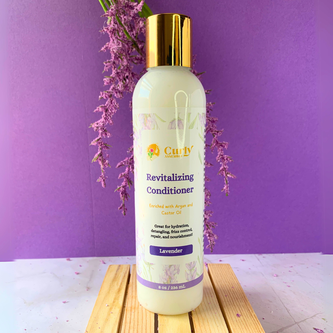 Front-facing bottle of Curly Assembly Lavender Bliss Conditioner for daily moisture and detangling for natural curls.