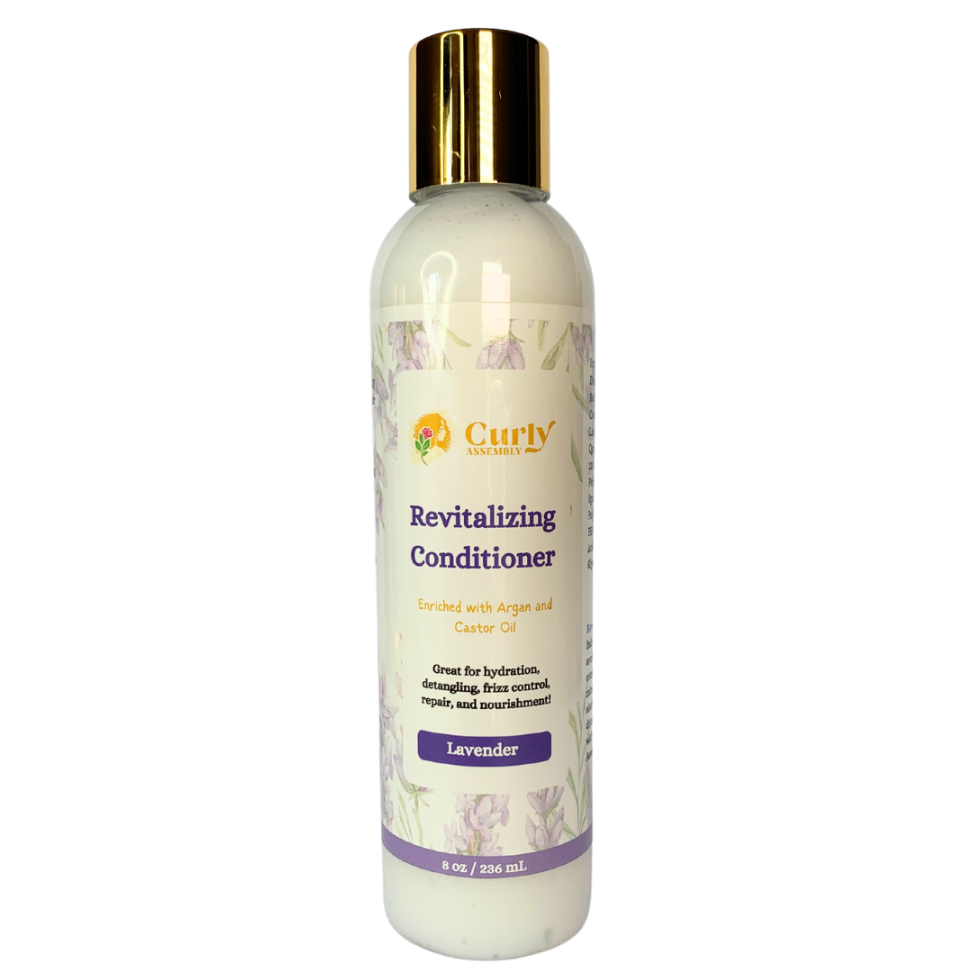 Front-facing bottle of Curly Assembly Lavender Bliss Conditioner for daily moisture and detangling for natural curls.