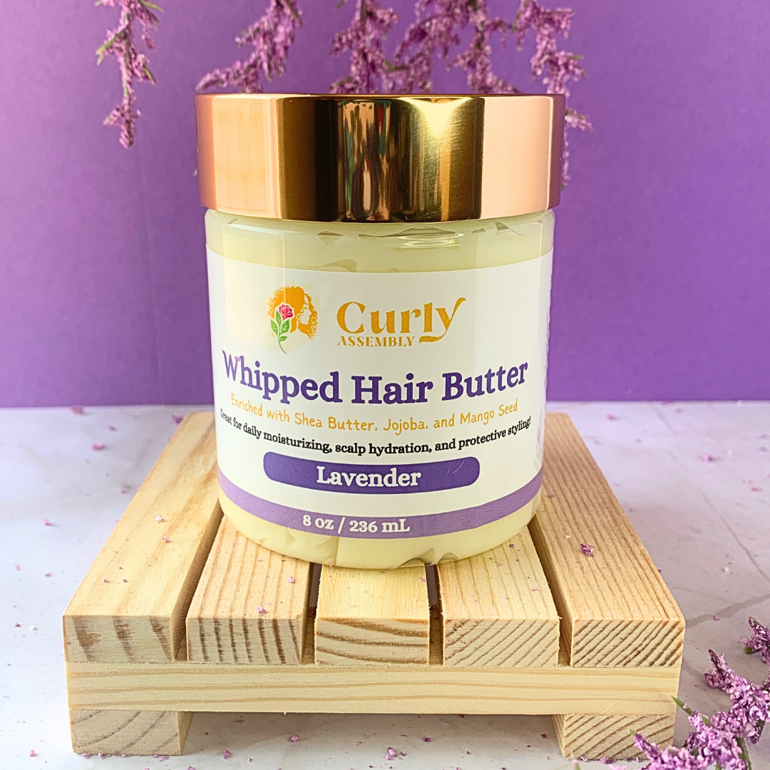 Front-facing jar of Curly Assembly Lavender Bliss Whipped Hair Butter for deeply moisturizing and styling natural curls.