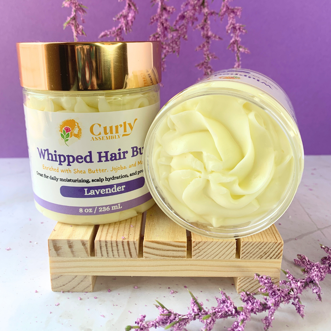 Front-facing jar of Curly Assembly Lavender Bliss Whipped Hair Butter for deeply moisturizing and styling natural curls.