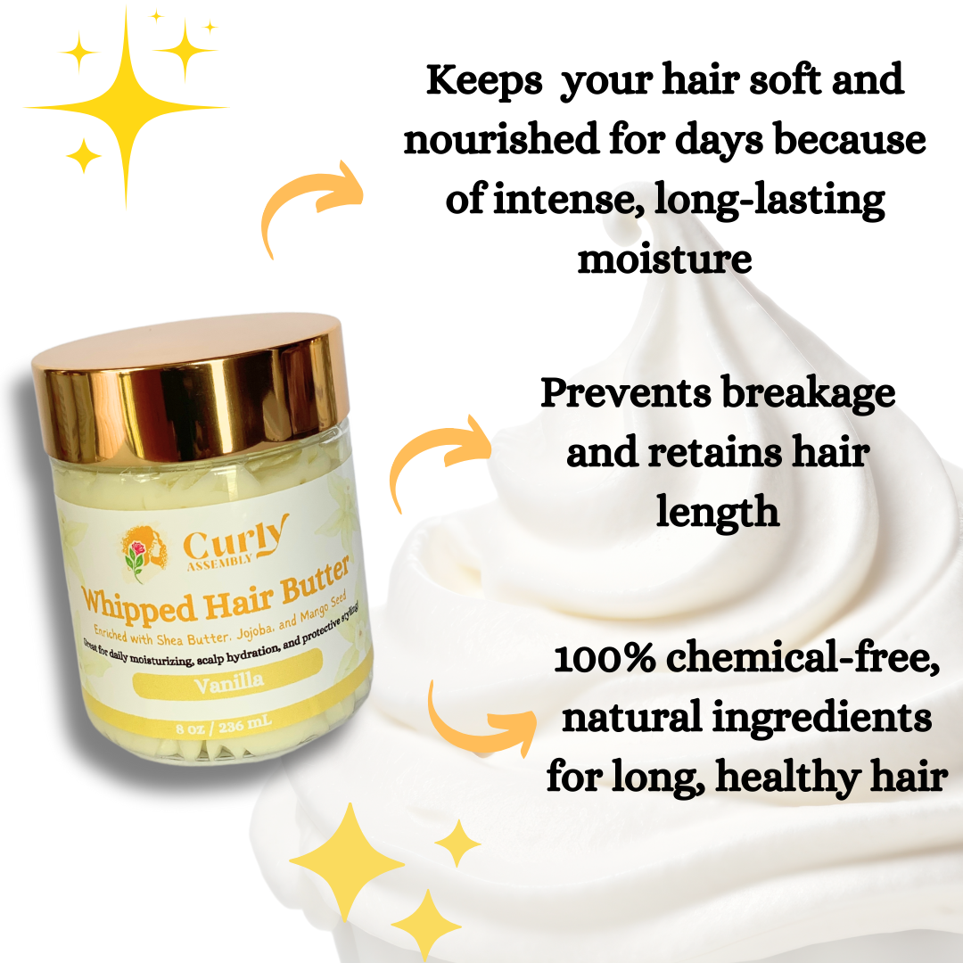 Benefits of Curly Assembly Sweet Vanilla Whipped Hair Butter, delivering moisture, softness, and curl definition.