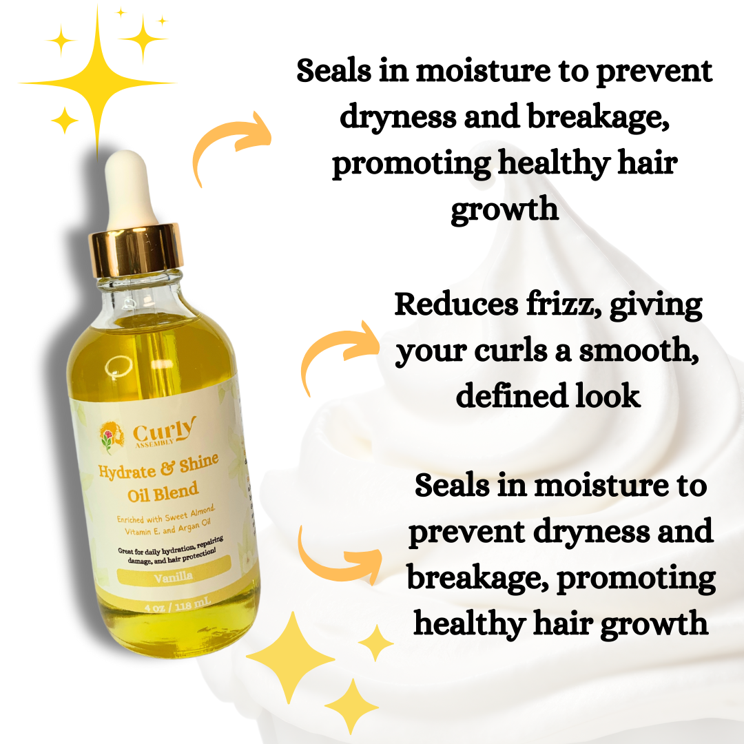 Benefits of Curly Assembly Sweet Vanilla Hydrate & Shine Oil Blend, enhancing moisture retention and adding shine to curls.