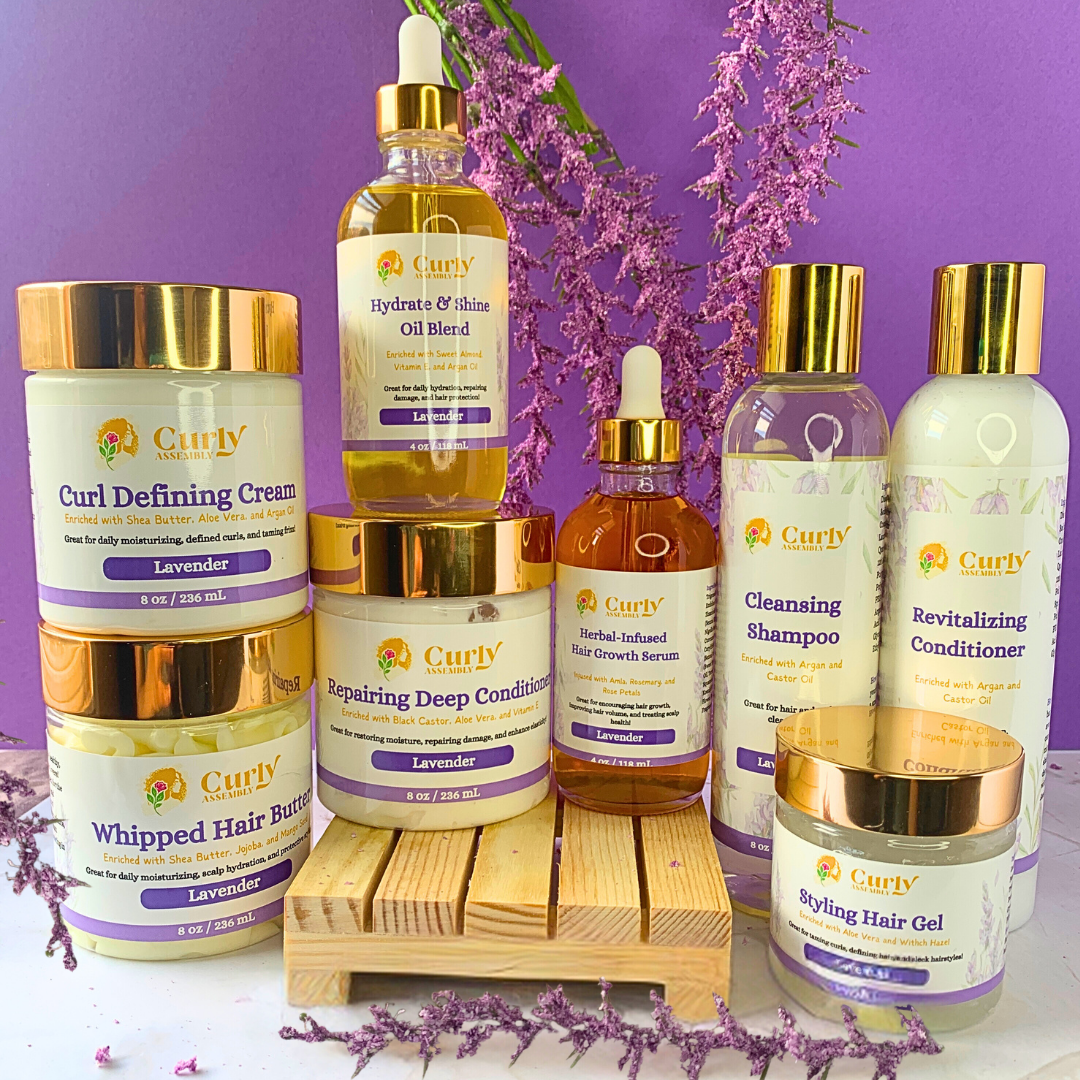 Front-facing image of Curly Assembly One of Everything Bundle in Lavender Bliss, showcasing all 8 products for comprehensive natural hair care.