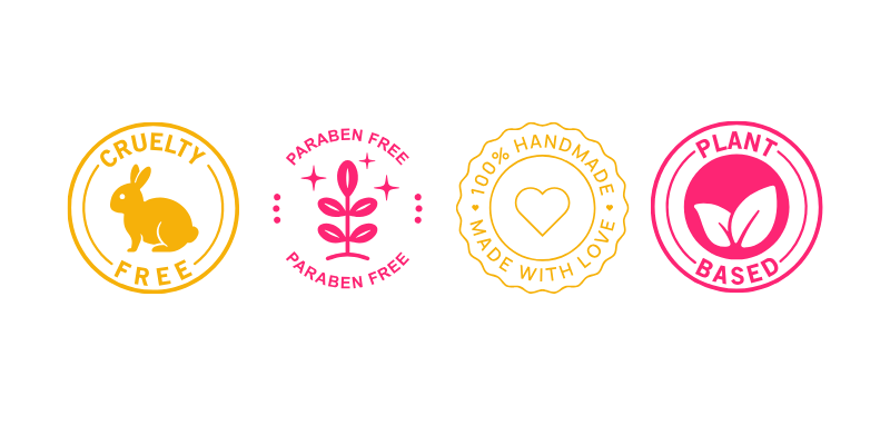 Set of four product labels indicating cruelty-free, paraben-free, handmade with love, and plant-based on a white background.
