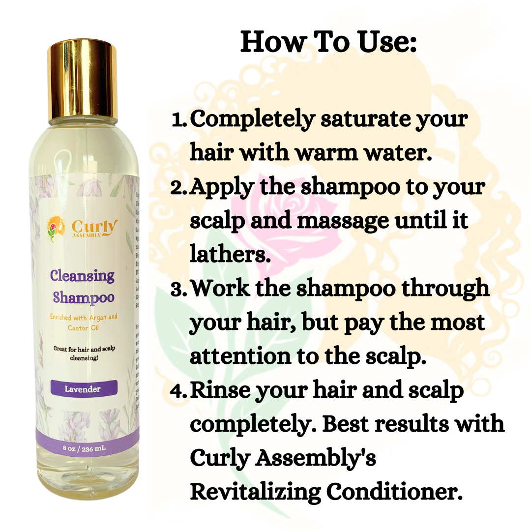 Instructions for using Curly Assembly Lavender Bliss Shampoo to effectively cleanse and nourish curly hair during wash day.