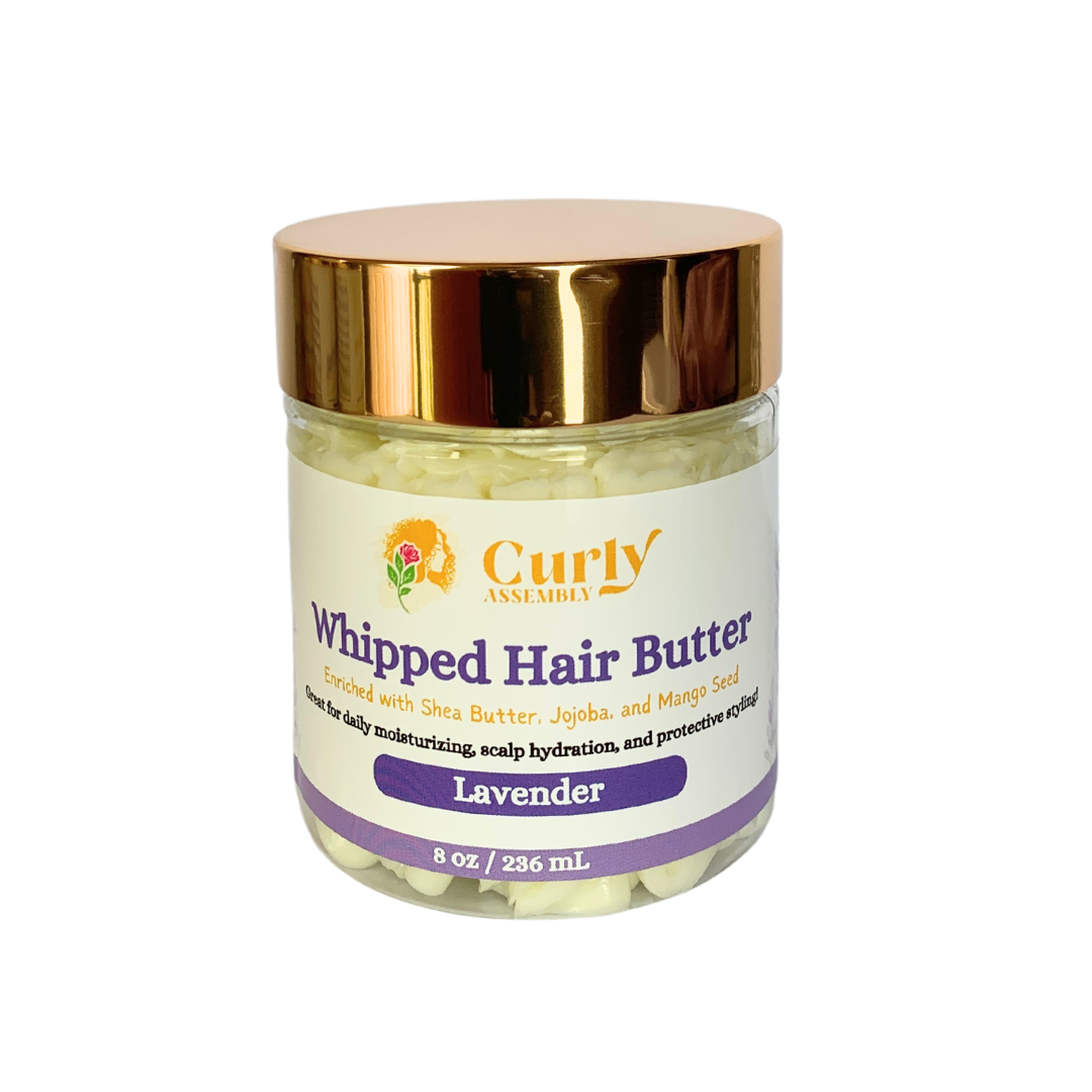 Front-facing jar of Curly Assembly Lavender Bliss Whipped Hair Butter for deeply moisturizing and styling natural curls.