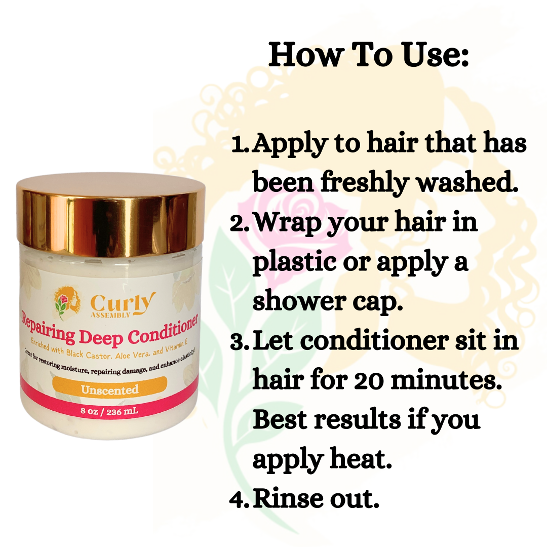 Instruction photo detailing how to apply Curly Assembly Unscented Repairing Deep Conditioner to freshly washed hair, with directions to cover hair and leave it on for 20 minutes, applying heat for optimal results, and rinsing thoroughly for restored, moisturized hair.