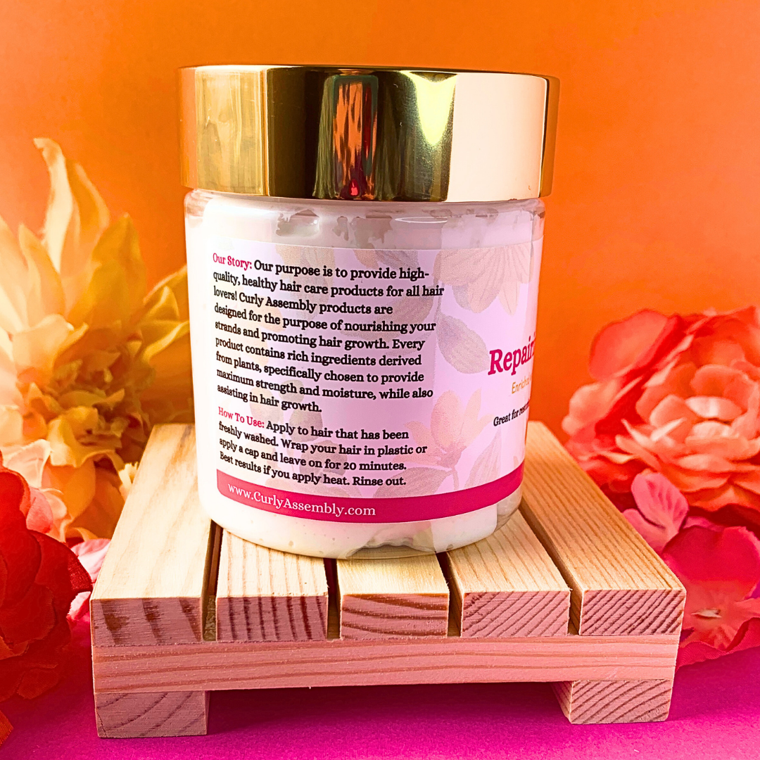 Side view of Curly Assembly Unscented Repairing Deep Conditioner jar highlighting the company’s mission to deliver high-quality, fragrance-free, plant-based hair care products that strengthen, repair, and deeply moisturize curly and natural hair.